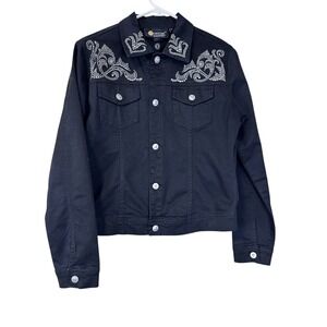 Christine Alexander‎ Black Rhinestone Embellished Denim Jacket Women's Size M